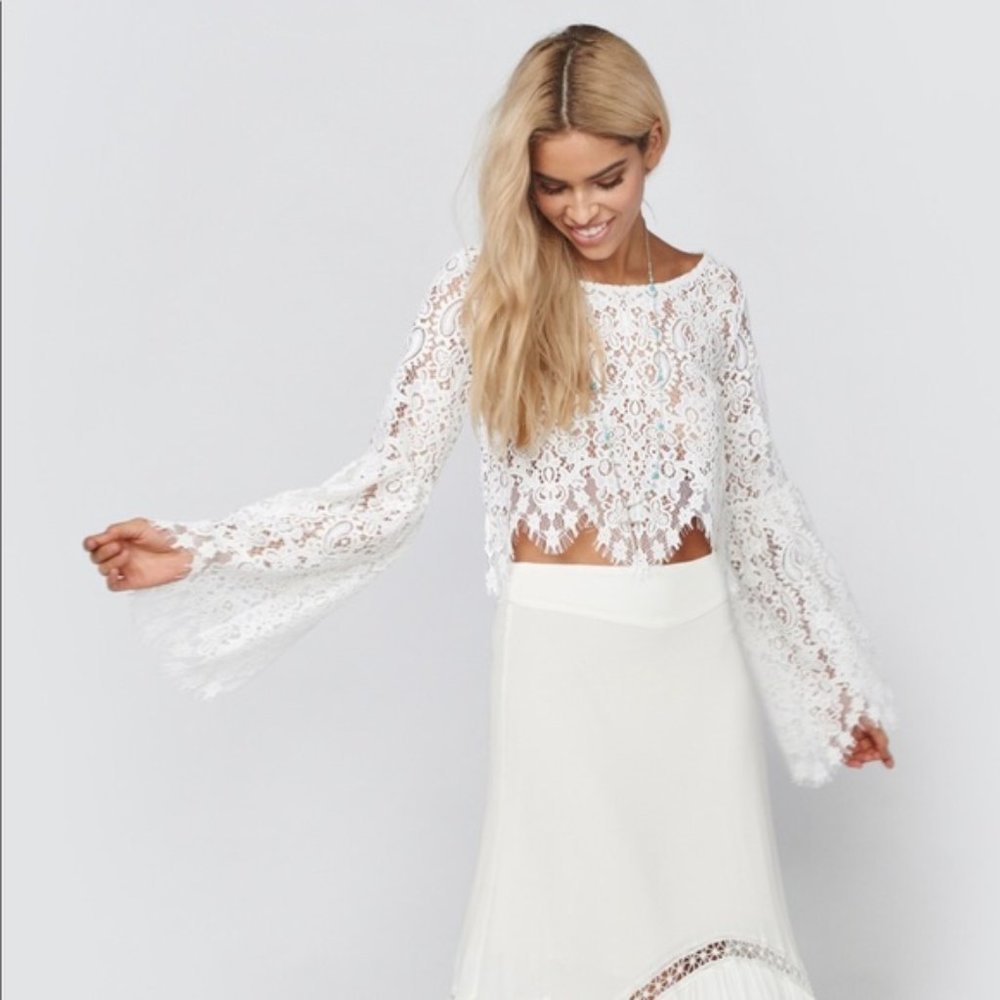 For Love and Lemons Vika lace bell sleeve top crop xs